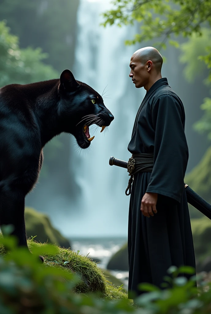 8k realistic Closeup picture of roaring of black panther with green eyed and young muscular calm buddhist with blacked cloths and with sword behind monk face to face location is beautiful background of waterfall forest 