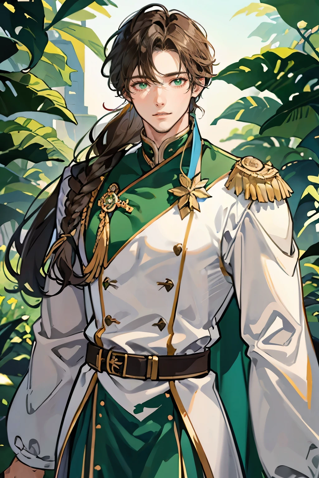 male、Handsome、masterpiece、knight、soldier、uniform、Emerald green、Brown Hair、Wavy Hair、Half Up、Shoulder-length hair、A cool look、Dense hands、Balanced body、アニメ調、アニメ、40 years old、A slightly grown beard、Mature、Being Calm、Astringent、Male