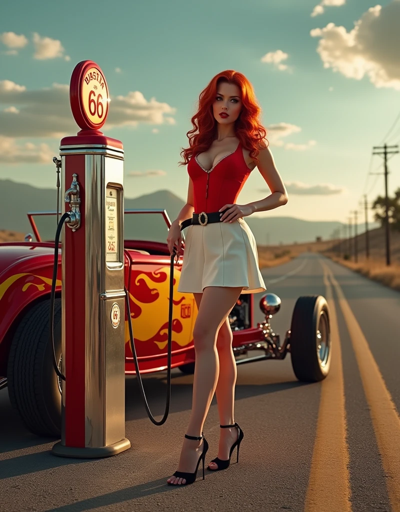 Wide-angle shot of a sizzling 1950s scene: a ravishing redheaded pin-up girl stands provocatively by a vintage gas pump at a full-service station on America's iconic Route 66. Her luscious locks are styled in a nostalgic '50s pin-up art flair, accentuating her hourglass figure and curvaceous silhouette. She sports a fitted white skirt, a bold red blouse with tantalizing cleavage, and black pantyhose with a garter belt and ankle-strap heels. The stunning roadster, a 1932 Ford hot rod, gleams in the sunlight, its orange and yellow flames burning bright against the backdrop of Route 66's open highway. retina, accurate, masterpiece, super detail, high details, best quality, award winning, highres, HD, 4K, 8k, 16k, realistic