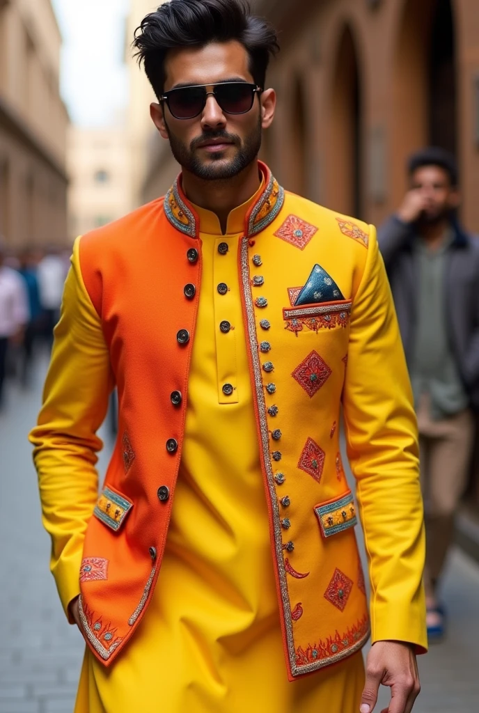 yellow kurta for men with multicolour orange yellow mix jacket