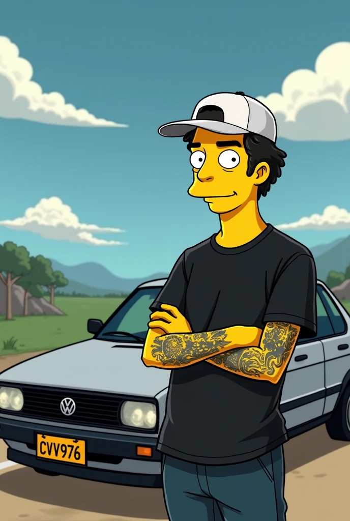 Simpsons poster young beardless man dressed in black with a white Volkswagen cap with only his left arm tattooed and in the background a silver-gray Volkswagen Jetta Jetta mk4 bora a4 model with black rims, black emblem and black mirrors and with a yellow Colombian license plate CVV976 in the Simpsons background Wide background 