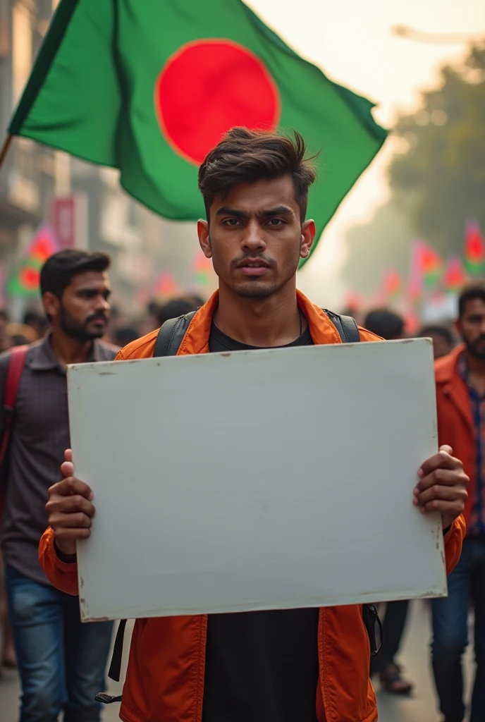 A handsome aggressive Hindu youth must be a student agitator on the streets of Bangladesh. A white placard will be held by the youth. The flag of Bangladesh will also be displayed.