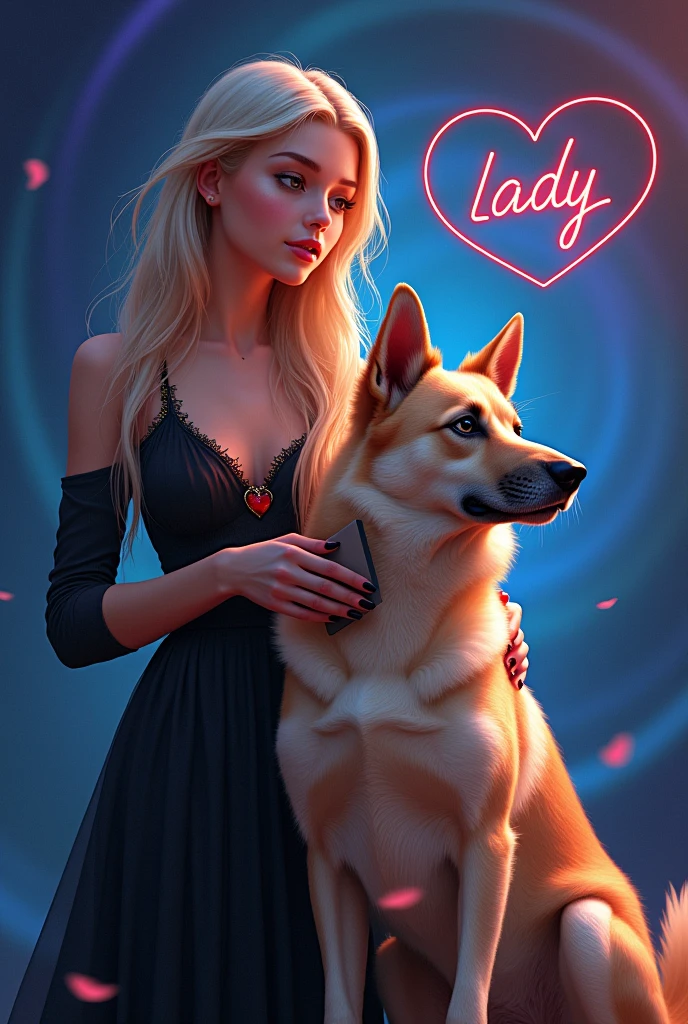 Beautiful girl with blonde hair with black tones, canine stylist combing a chinh zu breed dog with a blue and purple background with the name lady in a red heart