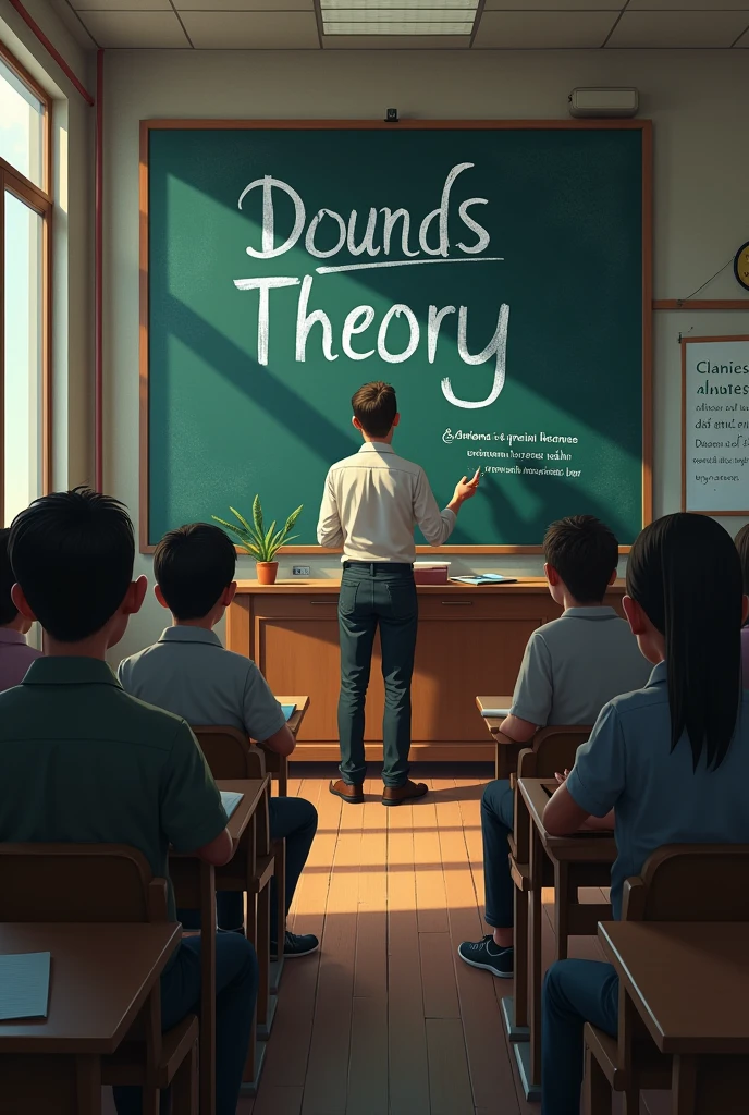 On plane clean school black board write title Dounds theory by teacher hand , in big classroom , students are listening teacher
, in a small bracket in small size below the tiltle write Advance point of view very important , below the tiltle write Dound discovered vibrenium when he is at 17 in vaa school