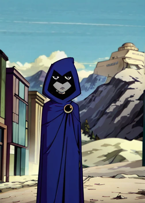 white raven, 1girl, solo, short hair, purple hair, hood, cape, colored skin, cloak, grey skin, forehead jewel, beach