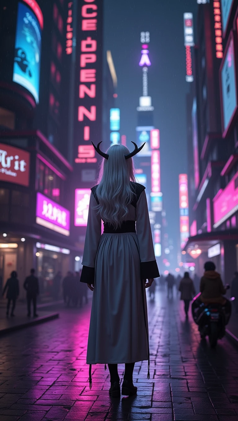 beautiful and scenic photography, full body photo head to toe, woman in a city edge in solution nine area in final fantasy, facing us, she's wearing a simple a long robe, flared long sleeves, outfit in black and white, white long hair, with downward horns, background is cyberpunk out of this world, purple, blue, and pink lights, sci fi, mecha, cyberpunk
