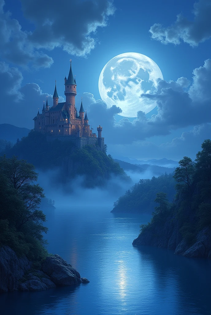 (magical pretty null blue stream overlay scene), (null), (cloud), moonlight , Clean background, beautiful null scenery, masterpiece, high quality, Beautiful graphics, High detail,By Thomas Kinkade, Art Station, Sharp focus, Inspiring 8k wallpapers, floating castle in the sky