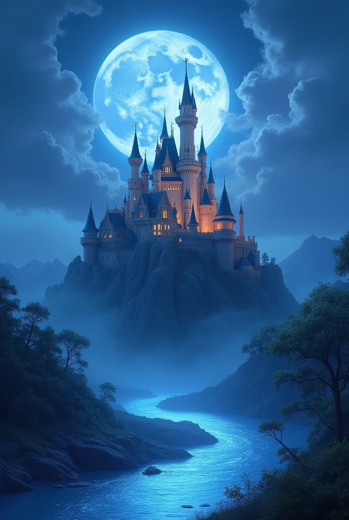 (magical pretty null blue stream overlay scene), (null), (cloud), moonlight , Clean background, beautiful null scenery, masterpiece, high quality, Beautiful graphics, High detail,By Thomas Kinkade, Art Station, Sharp focus, Inspiring 8k wallpapers, floating castle in the sky