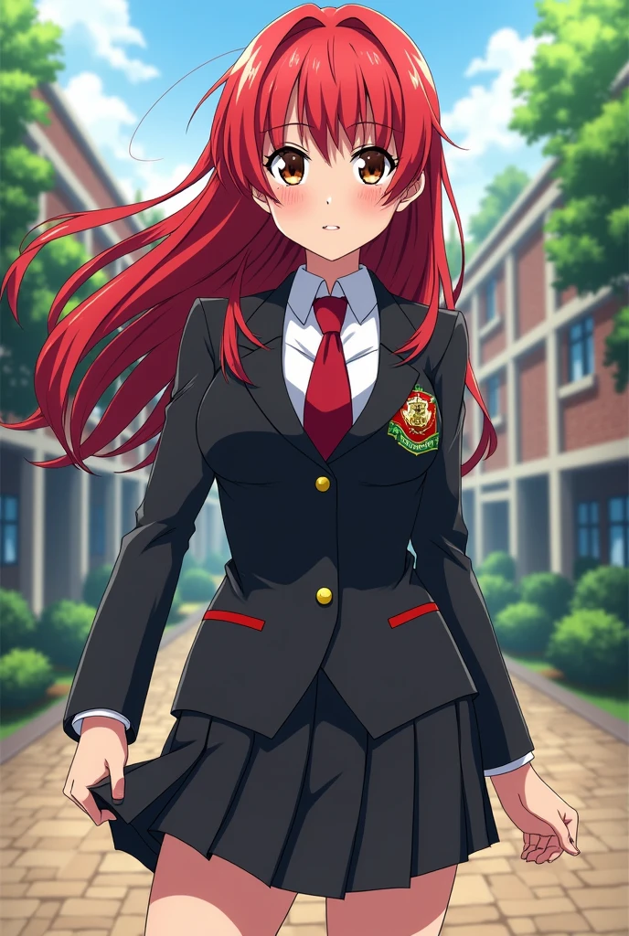 You can create an image of a character with the Boku no hero academia uniform with those characteristics that are a woman, long red hair, brown eyes, average height and good body