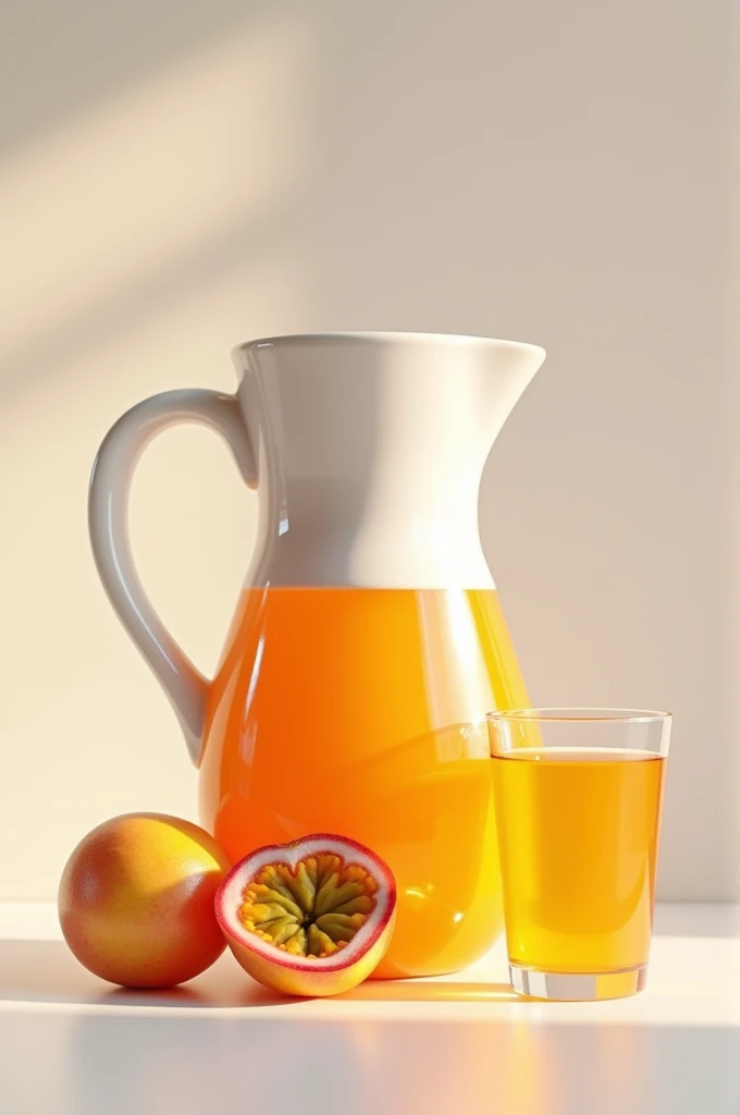Create an image with a jug of passion fruit juice and a glass