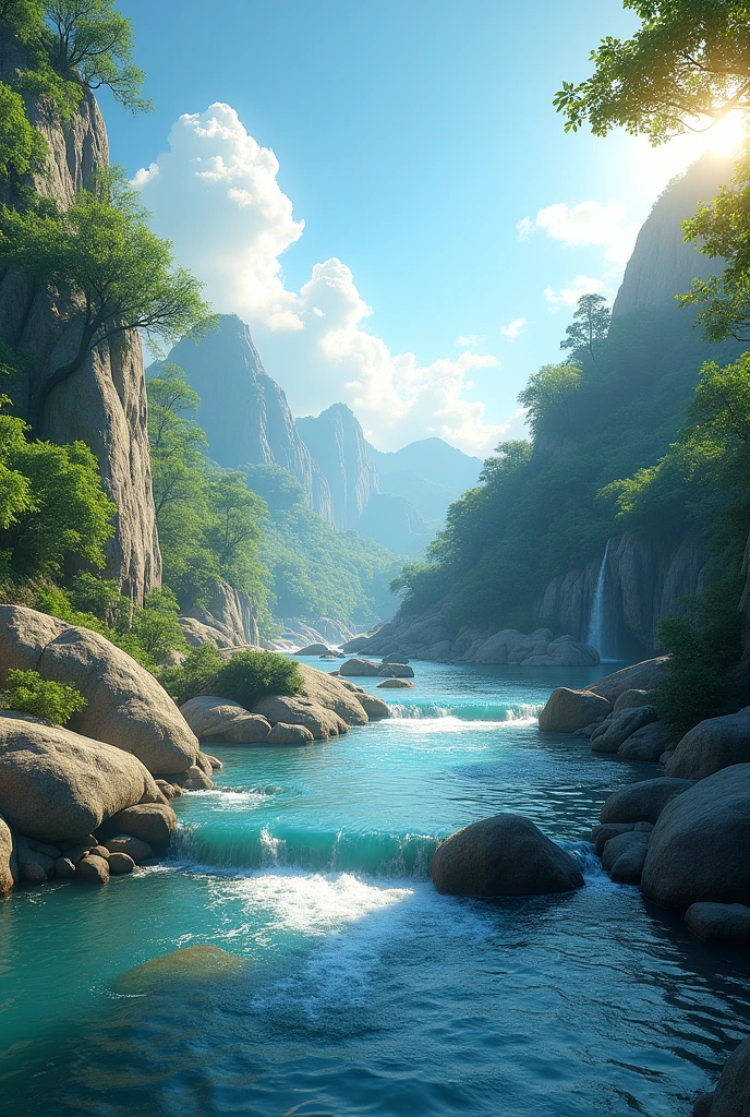 A stunning masterpiece of a river with the water flowing, with big rocks, lush greenery, clear blue sky, masterpiece, highly-detailed, ultra-sharp, 3d.