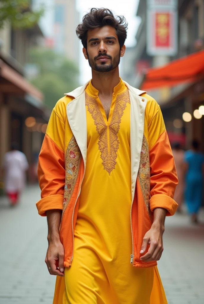 yellow kurta for men with multicolour orange yellow white jacket