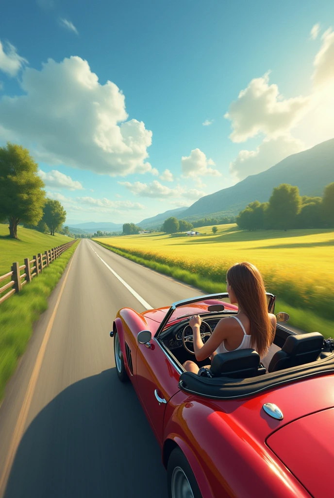one girl is driving fast along the road in a convertible outside the city field village