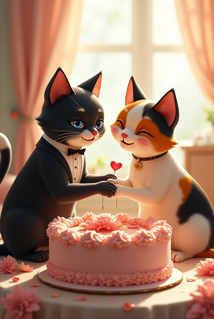 Male cat and female cat cutting cake on anniversary