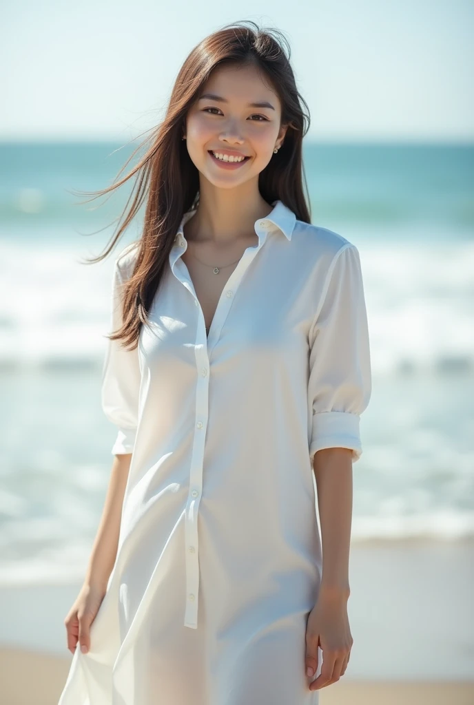 ((best quality)), ((masterpiece)), (detailed), perfect face,2 Japan Women,ager without makeup,Standing whole body,Clean to the toes,gigantic breasts:1.3,huge breasts:1.3,High bust top:1.3,Firm, round breasts:1.3,White shirt,Long skirt,((No Pat,No bra)),Bright smile,Soft sunshine on the beach,Depth of subject,Sharply in focus,Natural and soft light