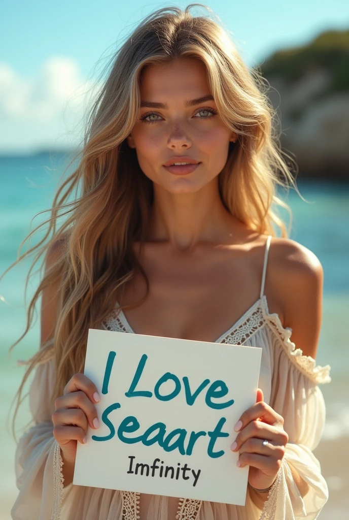 Beautiful girl with wavy long hair, bohemian dress, holding a white board with text "I Love Seaart Infinity" and showing it to the viewer