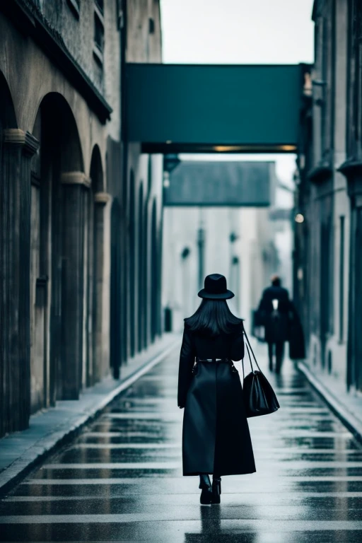 Dark atmosphere。A woman in a black coat is walking。it's raining。The woman has long black hair。There are buildings on the left and right of the woman.。The building is in ruins。The street lights are dimly lit。