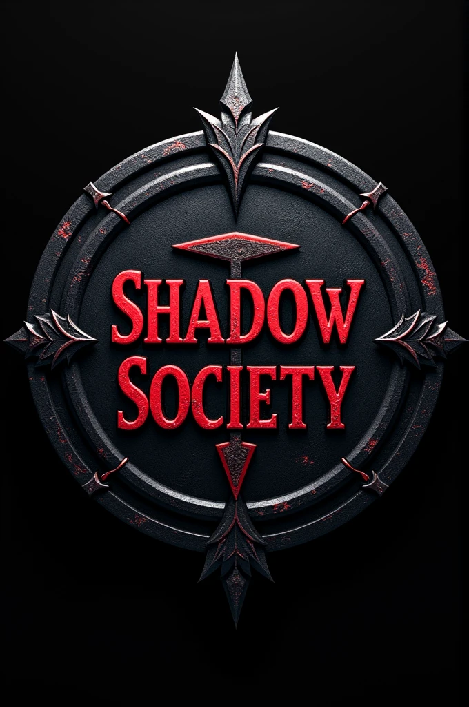 Shadow Society family emblem red black writing “Shadow Society” carved in