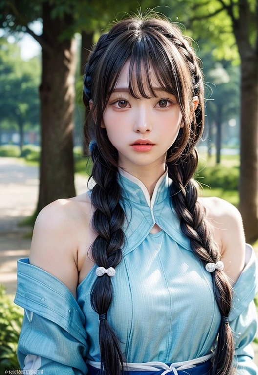 (masterpiece, Top quality, best quality, Official Art, beautiful and aesthetic:1.2), 1 Girl, extreme detailed, Rea, Light blue long hair, Emo, blue Eye, (Abstract, Fractal Art:1.3), highest detailed, detailed_Eye, Light_particle, Hanfu, Jewelry, Sexy, 蓝色Light芒, Large Breasts, Slim waist, Upper Body,Mizuki_Forest, Bangs,Braids