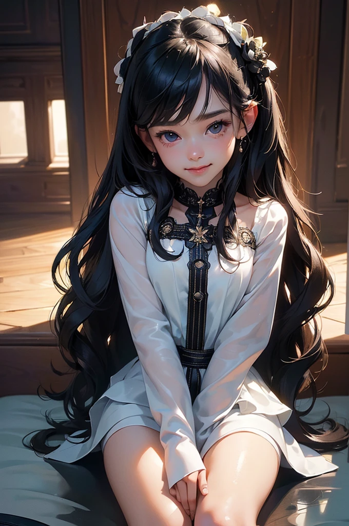 ((masterpiece, best quality, ultra-detailed, high resolution, extremely detailed CG, super detailed, Most beautiful clean lighting)), 1girl, , 10 years old, cute girl, pretty face, smile, white skin, Beautiful black long hair, black eyes, kawaii, full body, nsfw,