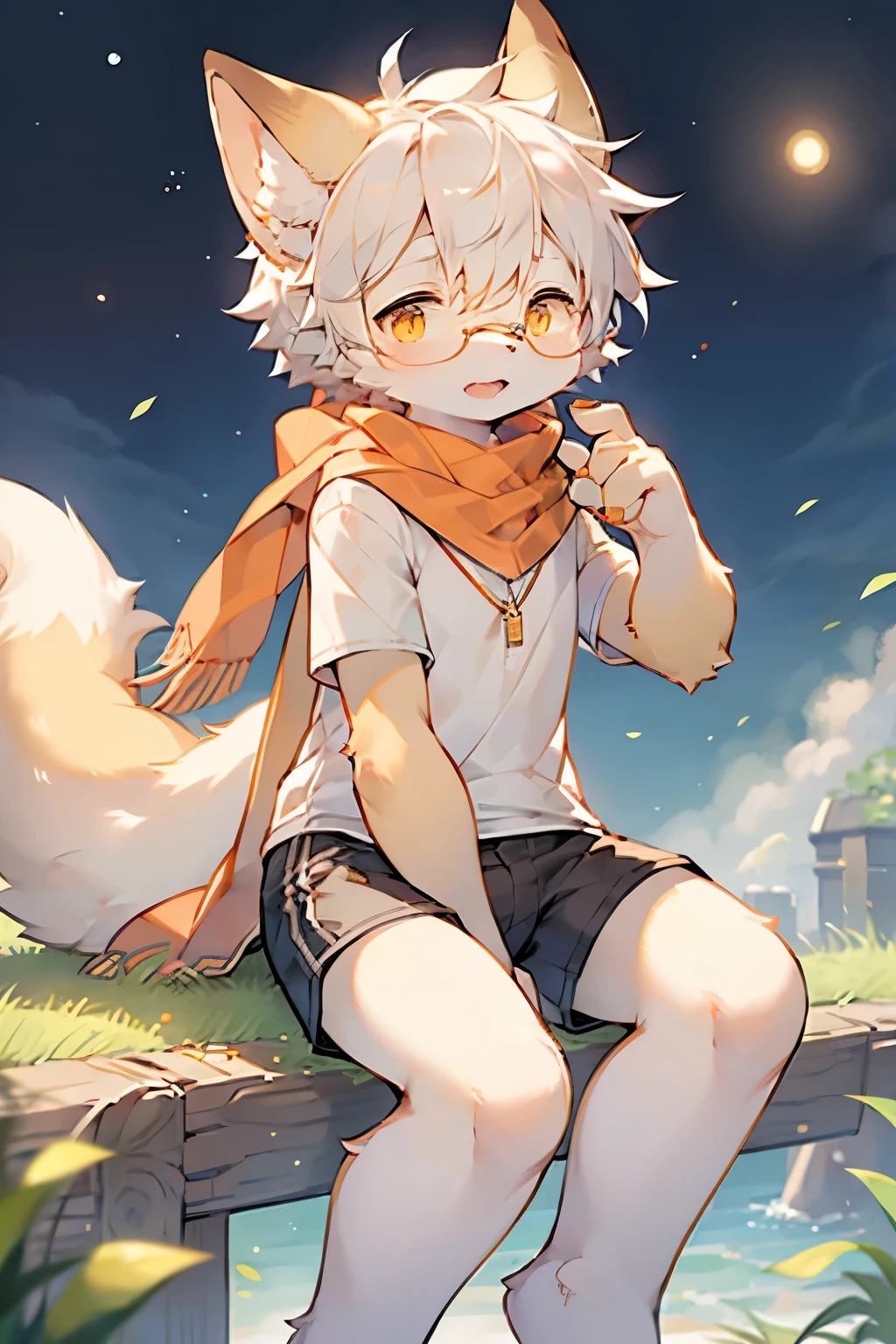 Fox Boy，Furry boys，Infant and child characteristics，White hair，Yellow skin，White Arm，Glasses，scarf，Short sleeve，shorts