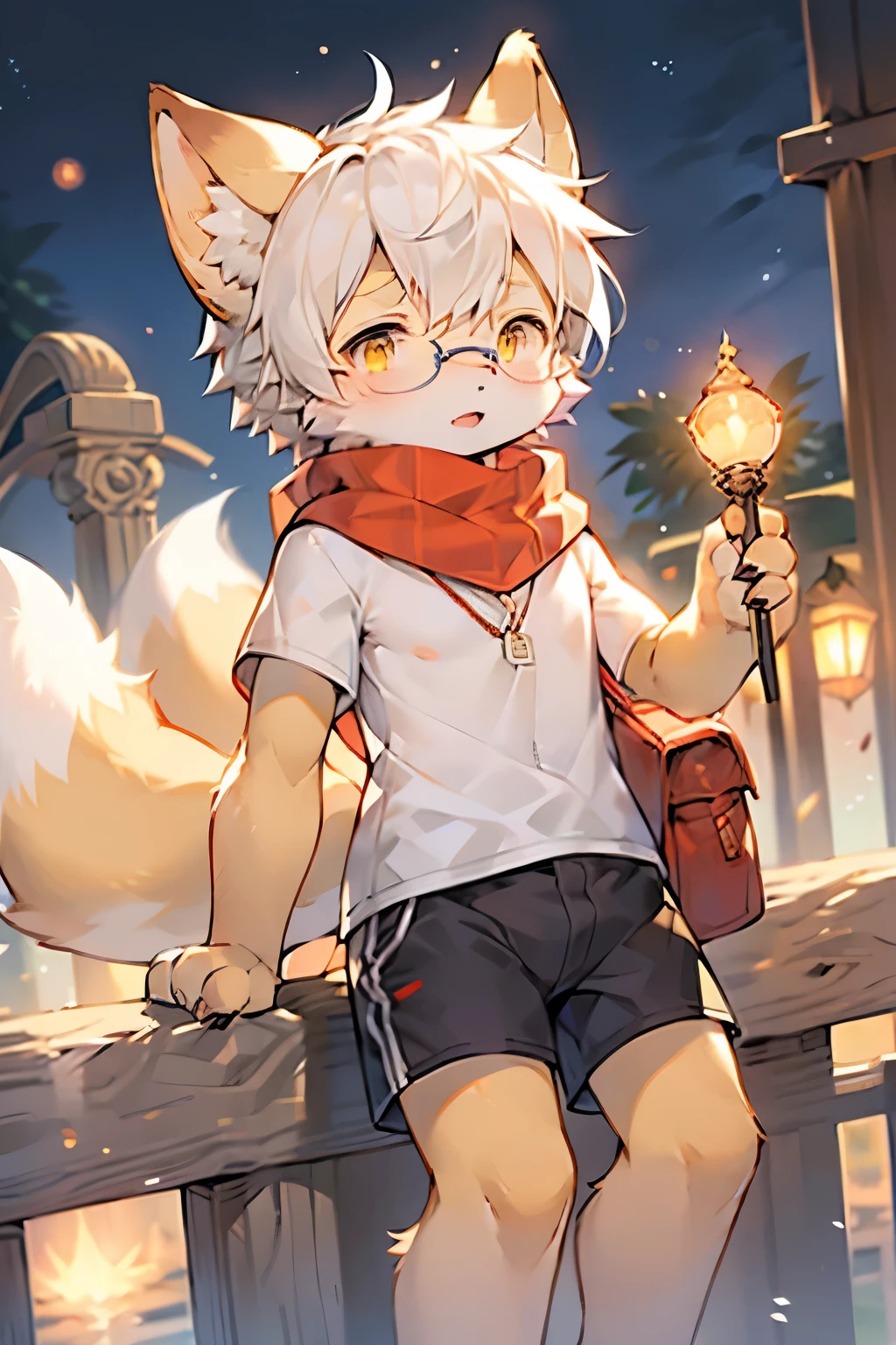 Fox Boy，Furry boys，Infant and child characteristics，White hair，Yellow skin，White Arm，Glasses，scarf，Short sleeve，shorts