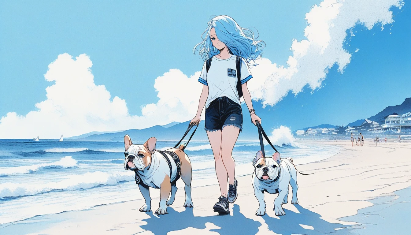 Illustrator, anime , Realistic ,sketch , An adult woman walking with a cute bulldog puppy, lip, nail、T-shirt,order,Textured Trim, (masterpiece,Highest quality) Blue background, Neon Hair,Textured Trim, Canadian, (masterpiece,Highest quality) Cancer,Summer landscape、Seaside、Blue sky、white waves、Vision、Resort、Dark Eyes、
