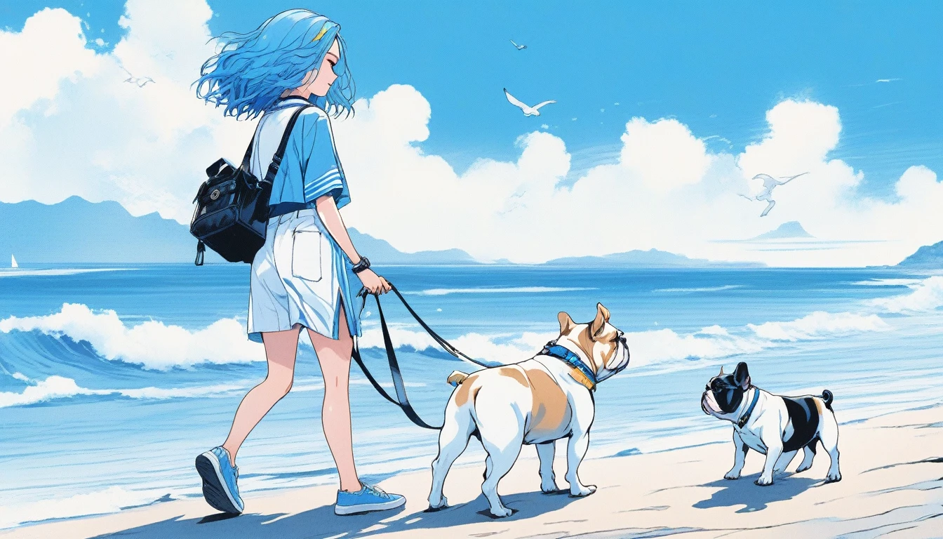 Illustrator, anime , Realistic ,sketch , An adult woman walking with a cute bulldog puppy, lip, nail、T-shirt,order,Textured Trim, (masterpiece,Highest quality) Blue background, Neon Hair,Textured Trim, Canadian, (masterpiece,Highest quality) Cancer,Summer landscape、Seaside、Blue sky、white waves、Vision、Resort、Dark Eyes、