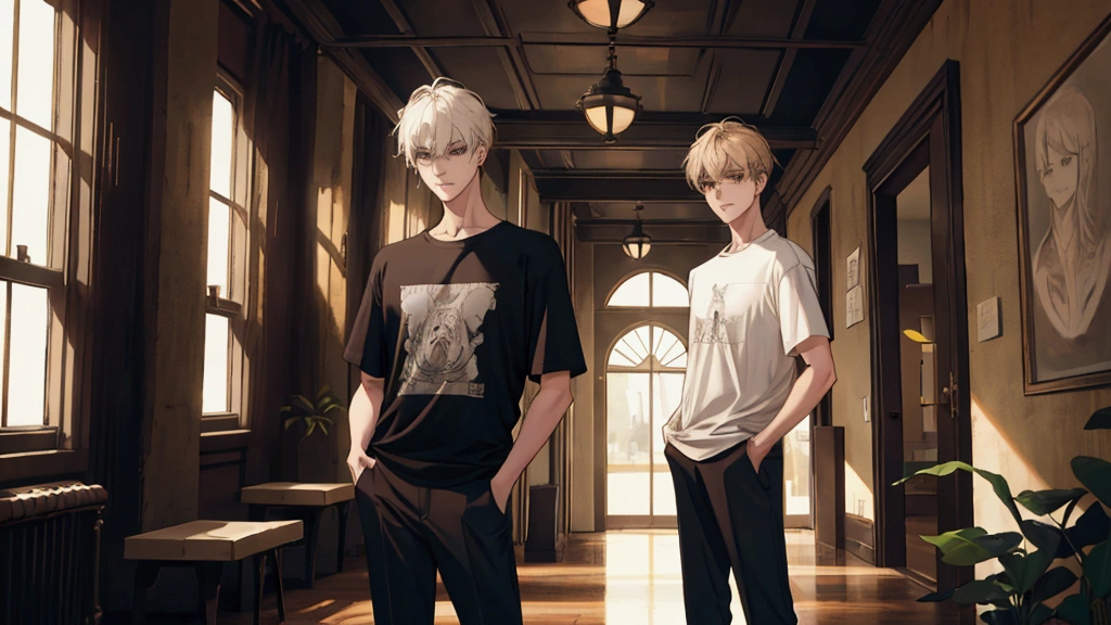 facing straight at the viewer, hands in pocket, till waist, wearing a nice t-shirt and pants