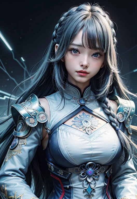 (masterpiece, Top quality, best quality, Official Art, beautiful and aesthetic:1.2), 1 Girl, extreme detailed, Rea, Light blue long hair, Emo, blue Eye, (Abstract, Fractal Art:1.3), highest detailed, detailed_Eye, Light_particle, Hanfu, Jewelry, Sexy, 蓝色Light芒, Large Breasts, Slim waist, Upper Body,Mizuki_Forest, Bangs,Braids