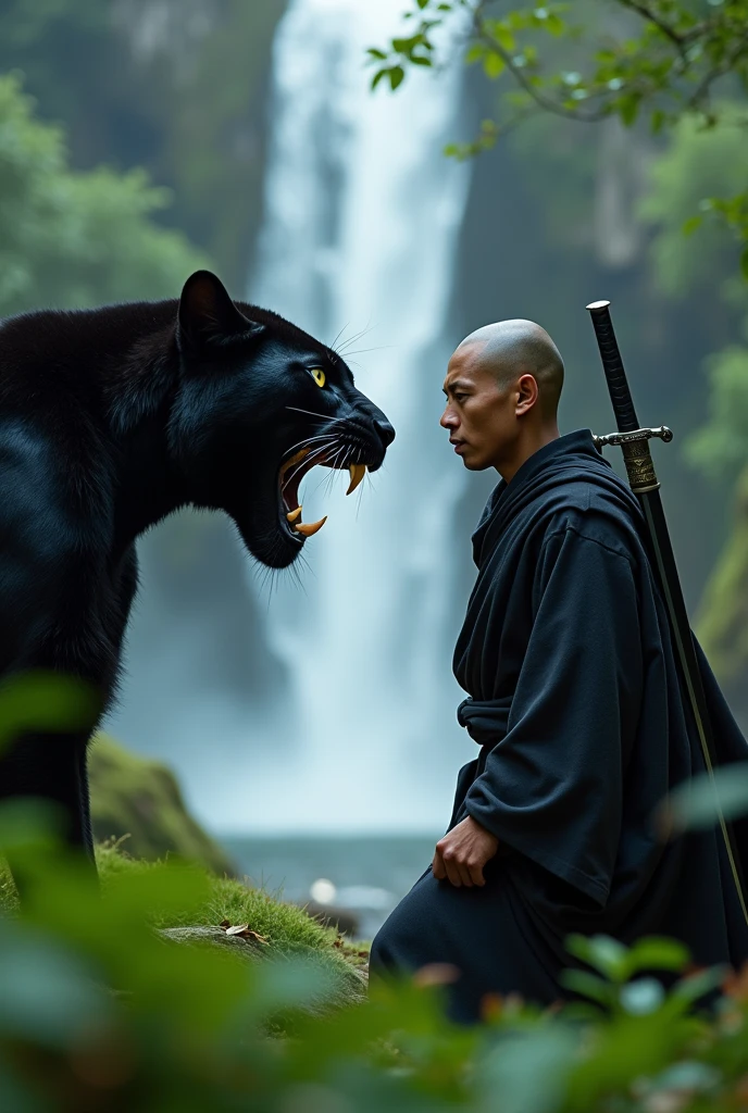 8k realistic Closeup picture of roaring of black panther with green eyed and young men muscular calm buddhist with blacked cloths and with sword behind monk face to face location is beautiful background of waterfall forest , picture is fully ckoseup of face to face