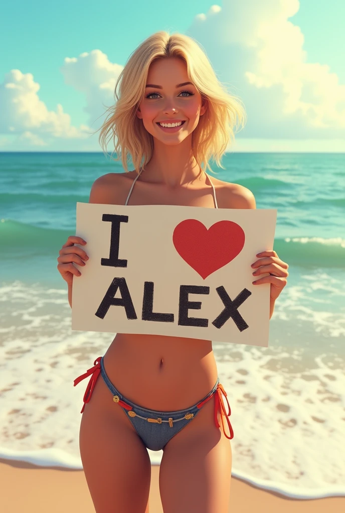 Jill Valentine,A girl holding a sign saying I Love Alex,Standing by the sea,Movie quality pictures,Sunshine,Waves,Beach
