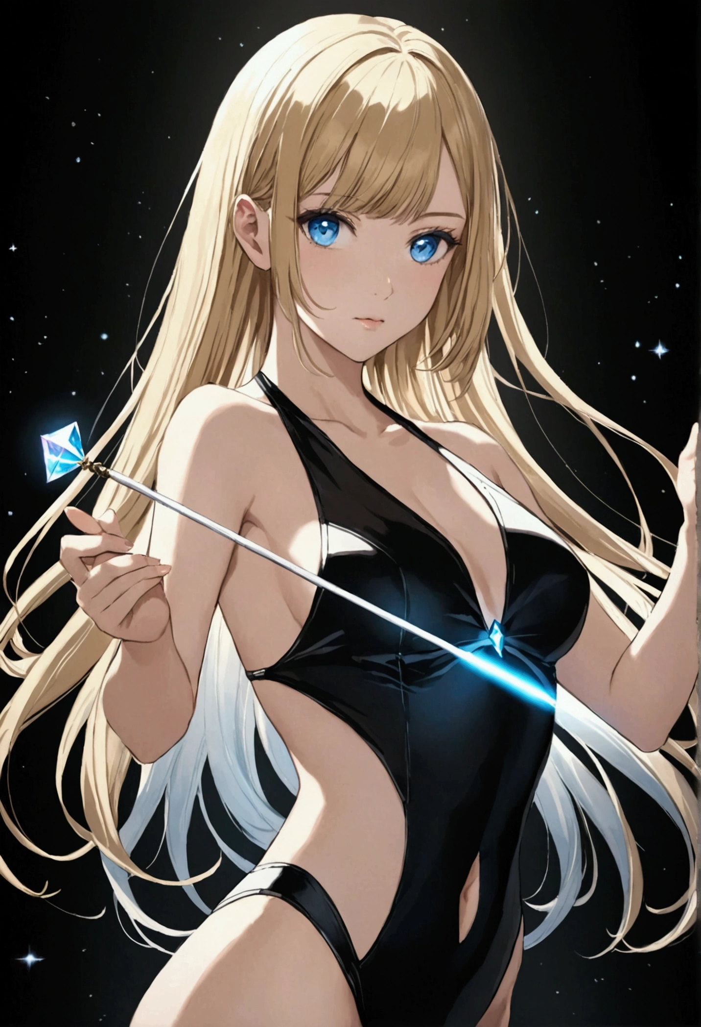 white girl with straight blonde hair, blue eyes, slim, wearing a black swimsuit with a prism opening at the navel, holding a wand, black background