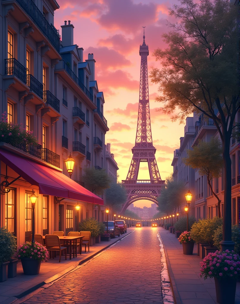 anime scenary, mokoto shinkai style, charming Parisian street scene with cobblestone streets, direct front facade old buildings, and an outdoor café overlooking the Eiffel Tower at sunset sky. The warm glow of lanterns illuminates the scene as cars pass on deserted roads. Blue and pink sky, vibrant colours,adorned with flowers and inviting chairs. This picturesque view captures the romance , light golden and pink atmosphere , uhd style in japnese manga and painting, ultra HD, high quality.