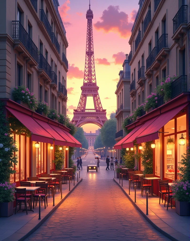 anime scenary, mokoto shinkai style, charming Parisian street scene with cobblestone streets, direct front facade old buildings, and an outdoor café overlooking the Eiffel Tower at sunset sky. The warm glow of lanterns illuminates the scene as cars pass on deserted roads. Blue and pink sky, vibrant colours,adorned with flowers and inviting chairs. This picturesque view captures the romance , light golden and pink atmosphere , uhd style in japnese manga and painting, ultra HD, high quality.