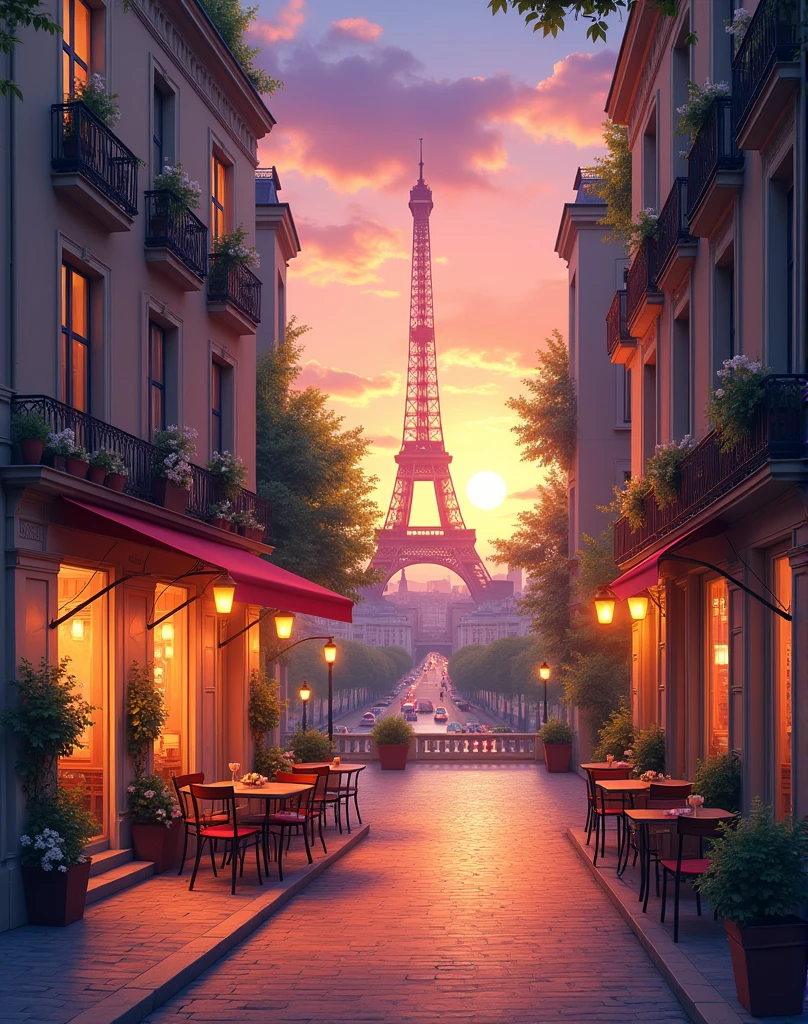 anime scenary, mokoto shinkai style, charming Parisian street scene with cobblestone streets, direct front facade old buildings, and an outdoor café overlooking the Eiffel Tower at sunset sky. The warm glow of lanterns illuminates the scene as cars pass on deserted roads. Blue and pink sky, vibrant colours,adorned with flowers and inviting chairs. This picturesque view captures the romance , light golden and pink atmosphere , uhd style in japnese manga and painting, ultra HD, high quality.