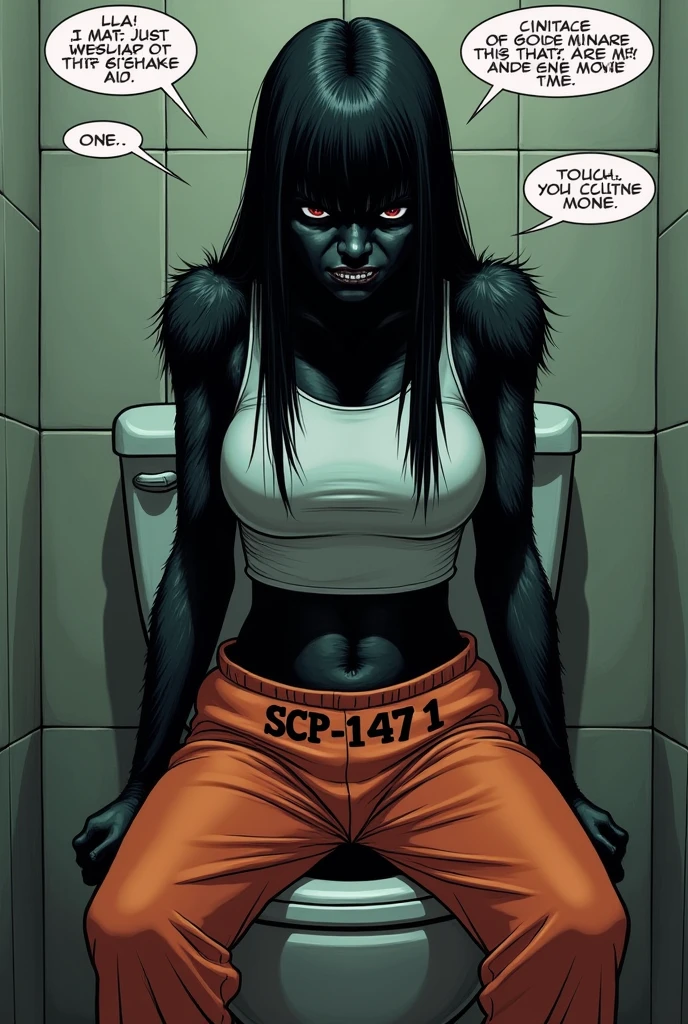 SCP-1471, MalO, (solo:1.5), Female, black fur, long black hair, (white tank top), orange prison jumpsuit with TEXT "SCP-1471", ((angry face)), (lowered pants, pants down:1.5), ((seating on toilet)), angry dialog text, angry text bubbles