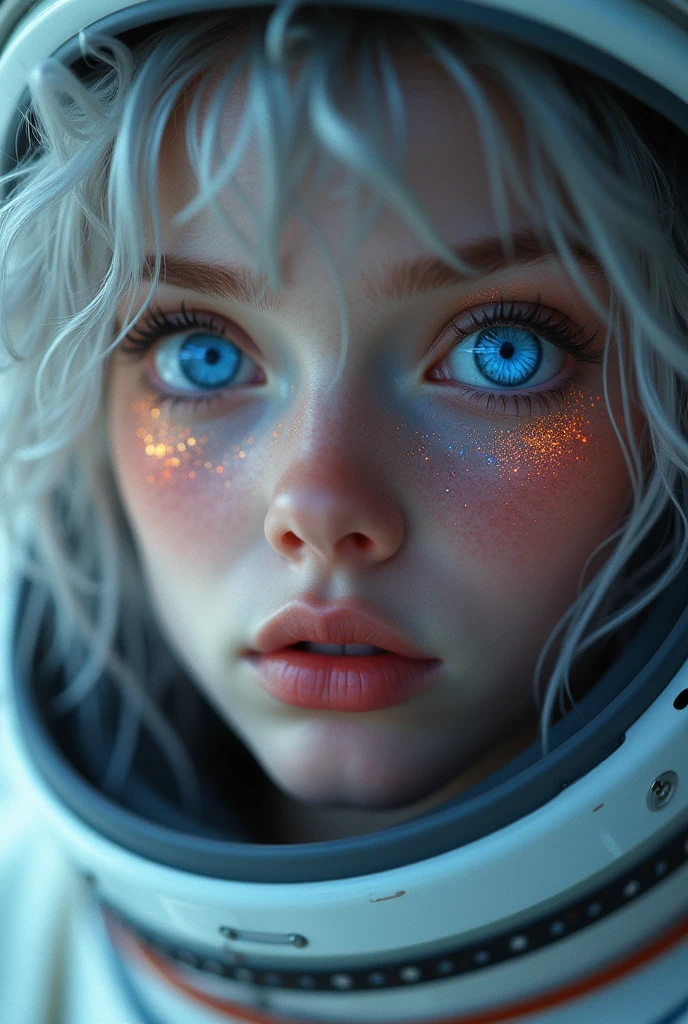 (Close-up of a better masterpiece:1.5)0.9], (Space and astronauts:1.2) (Messy silver hair:1.1) (Heterochromia xanthochromia and blue eyes:1.2) (Space Helmet:1.0) (Colored stars in the eyes:1.0) (A radiant glow:1.1) (thick lips:0.9)
