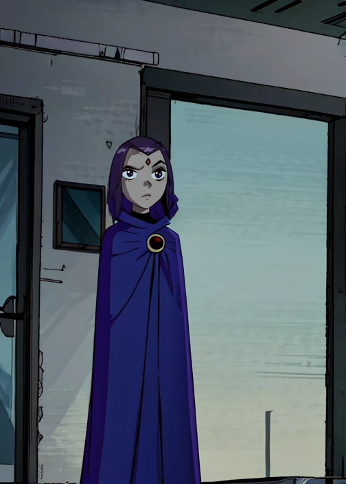 white raven, 1girl, solo, short hair, purple hair, hood, cape, colored skin, cloak, grey skin, forehead jewel, room, standing