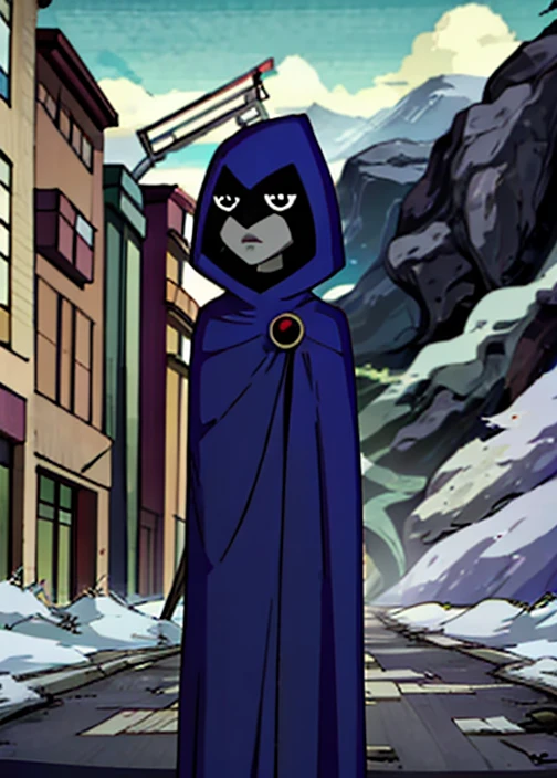 white raven, 1girl, solo, short hair, purple hair, hood, cape, colored skin, cloak, grey skin, forehead jewel, room, standing 
