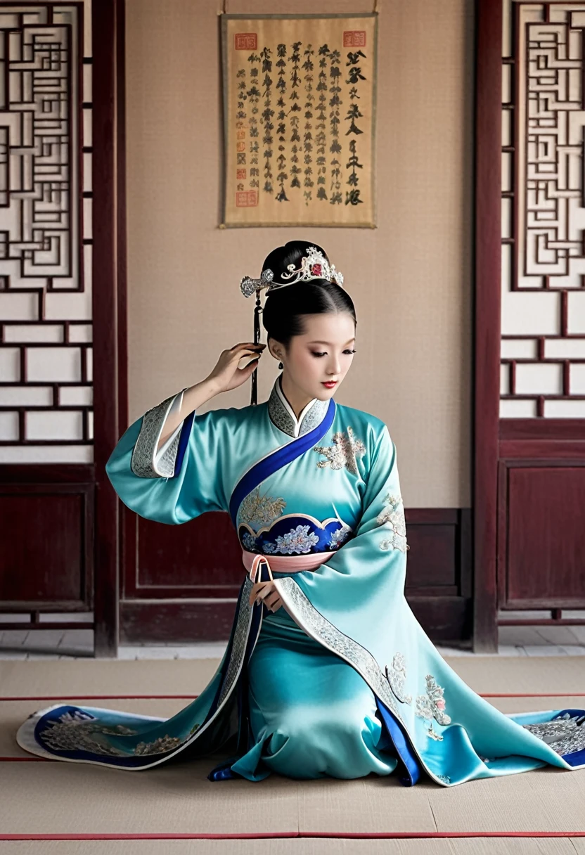Cobblestones outside a Chinese palace during the Qing Dynasty letter M（Porn Pose） A gorgeous Chinese imperial empress with her hair tied on both sides and wearing a crown、Background of kinky and erotic woman tying her hair、The story is set in the luxurious rooms of an empress in the Chinese imperial court during the Qing dynasty.。