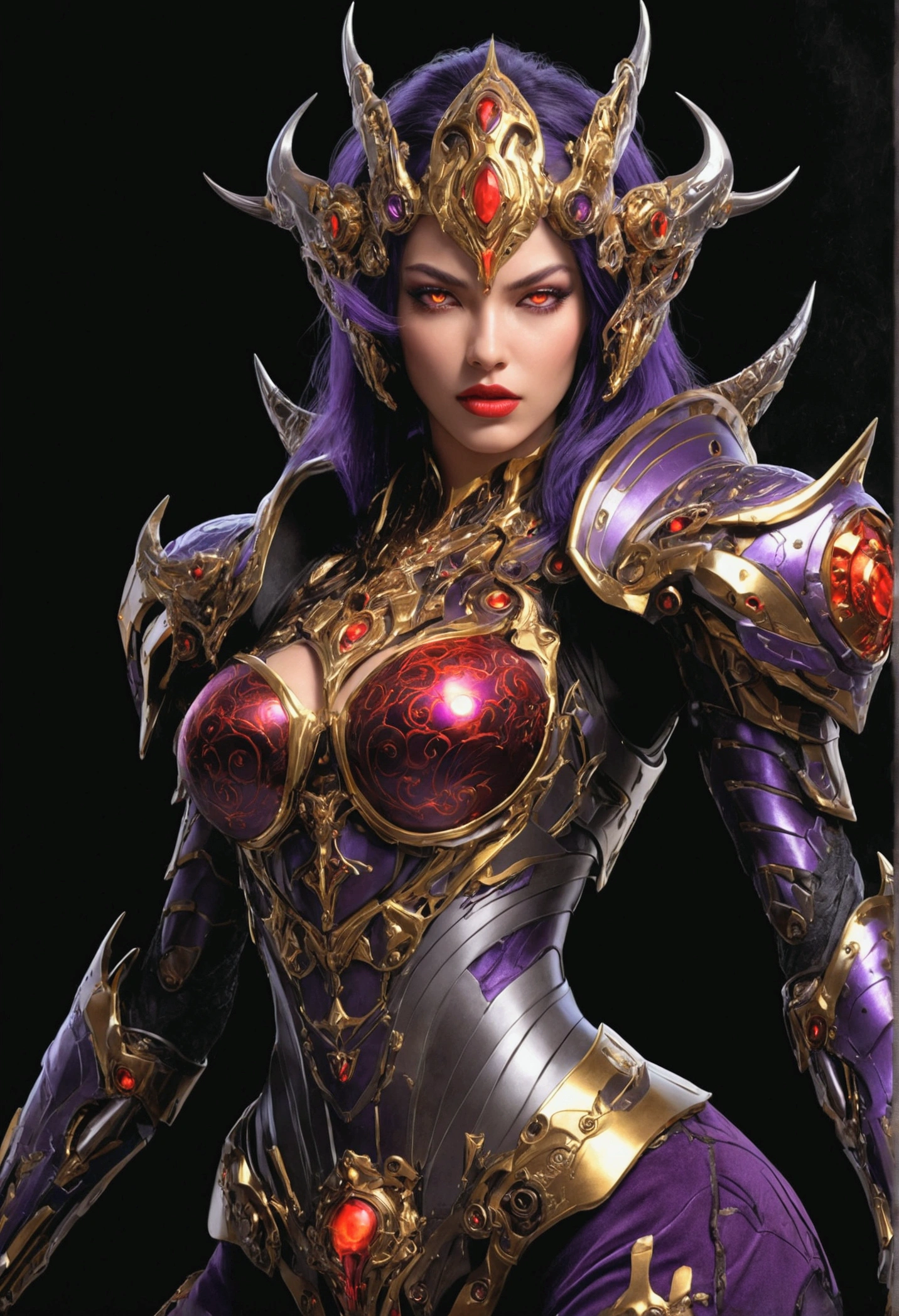 Hyperrealistic Crazy Mech, Extremely beautiful full body dark assassin, Girl with goddess face, Velvet red lips, Two red eyes like burning fire but charming., intricate design, Sharp edges, large purple and gold firearm, The gold and platinum mega armor reflects intricate metallic details., Dynamic weapon pose on the ground and black background.. Detailed matte paint, deep color, fancy, intricate details, Fierce War Screen, unique color, fancy concept art, 32k resolution