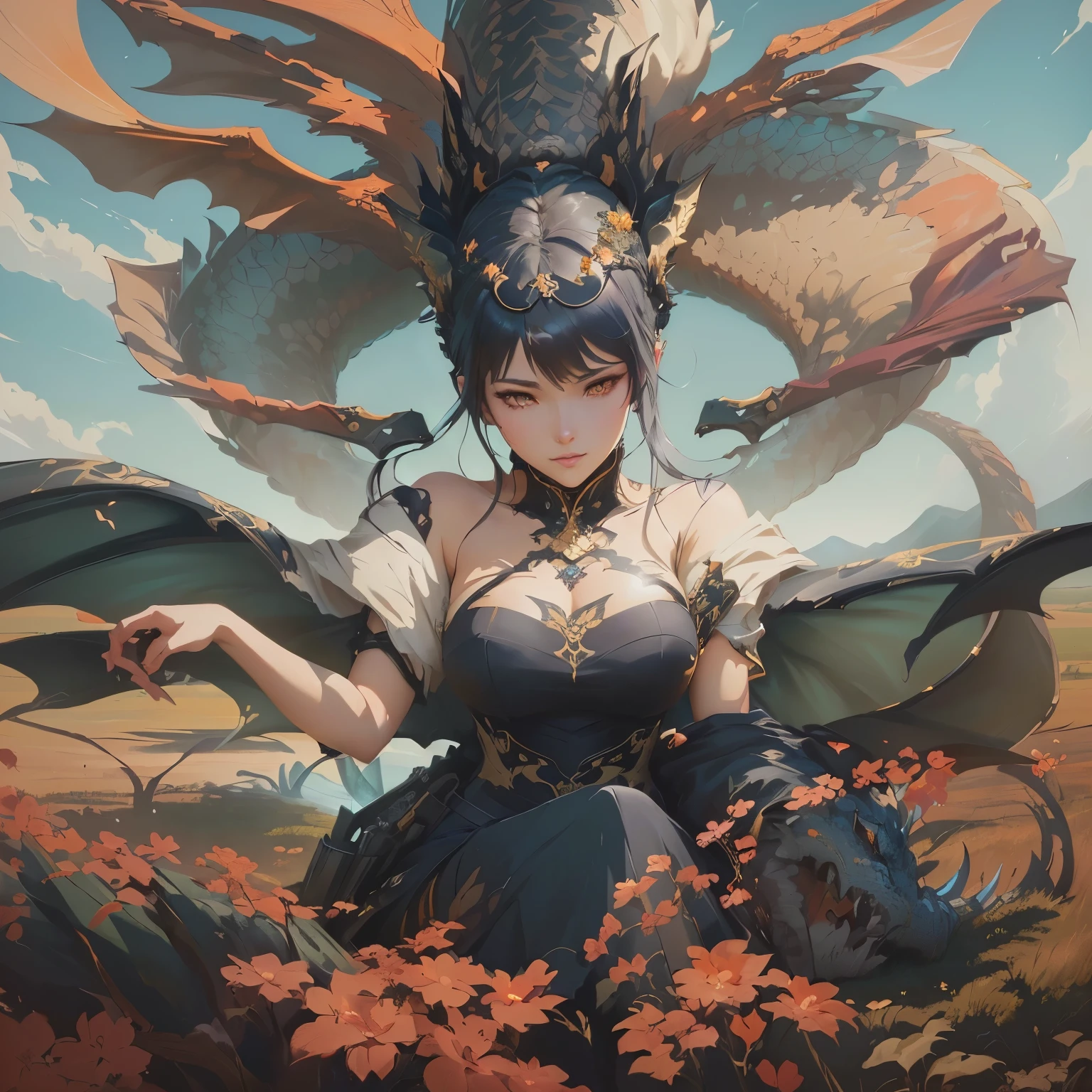 Painting of a woman sitting in a field with a dragon on her head., fanart best art station, anime fantasy illustration, detailed digital anime art, anime fantasy illustrations, guweiz style artwork, fantasy art style, 2. 5 d cgi anime fantasy illustrations, Guweiz and Pixiv Artstation, advanced digital anime art, digital anime illustration