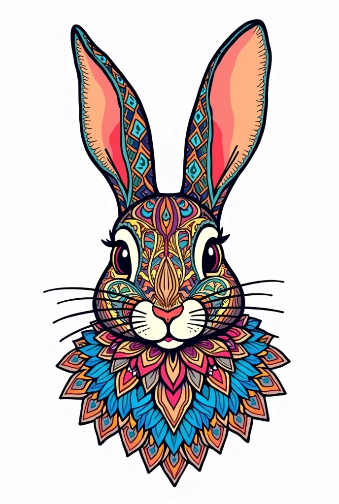 Painting pages for adults。Mandala pattern。Drawn with thick lines、Few details、No shading。It is colorfully painted。Impressive and colorful picture pages designed for adults with white background, A majestic and cute rabbit head drawn in a mandala style.. The rabbit is decorated with intricate patterns, including flowers and geometric shapes., A fascinating and detailed work of art. The figure focuses on crisp, Clean lines and bold outlines, No shading or color, Allowing users to bring their own unique vibrancy to their creations. Minimalist design, Thick lines and lack of background detail, Calm your mind、Soothing, colorful and gentle drawing pages for adults seeking creative activity. figure