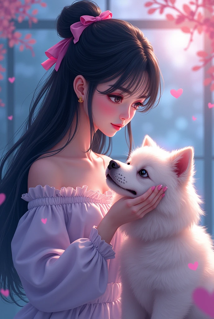 Beautiful canine stylist girl with black hair with blonde highlights combing a chinh zu breed dog with a blue and purple background with the name lady in a red heart
