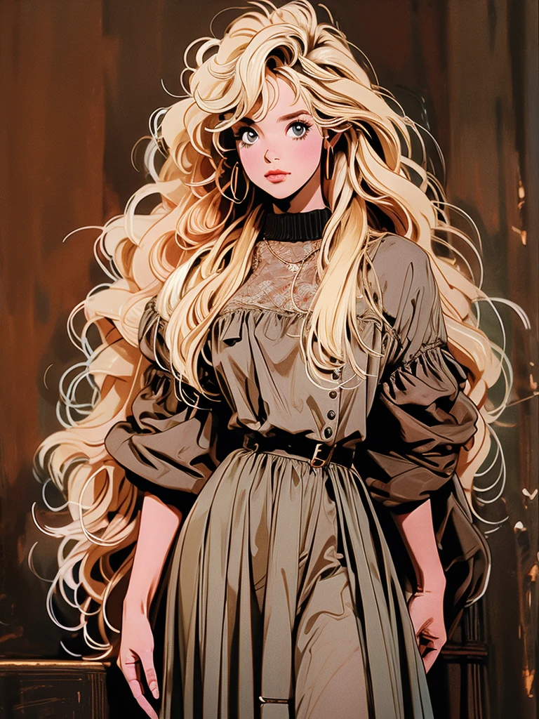 a picture of a woman standing with long blond hair posing over her shoulder, 1girl, long hair, solo, realistic, dress, brown hair