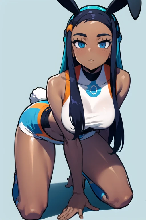 Pokemon Nessa kneeling looking up with a penis on her face, bunny costume, High resolution, 8k 