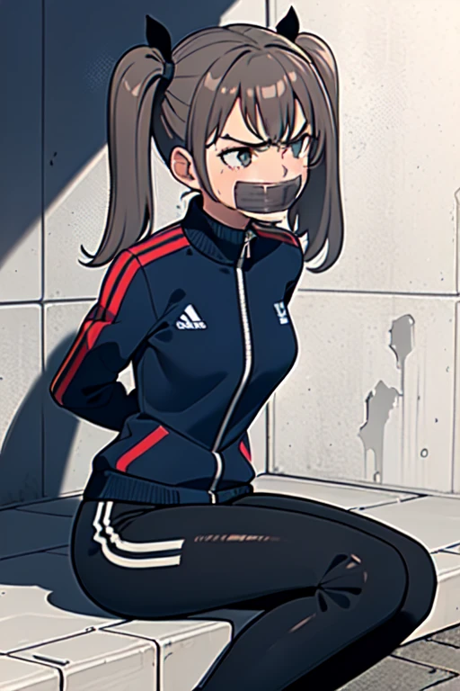 ((1 girl)), ((twin tails)), (sexy),  ((simple_background)), ((concrete floor, concrete wall)), ((underground room)), ((arms behind back)), ((scowl)), ((sitting on the knees)), ((tape gag)),  ((helpless)), ((calm)), ((struggling)), (blue tracksuit,tracksuit,tights pants, long black pants)