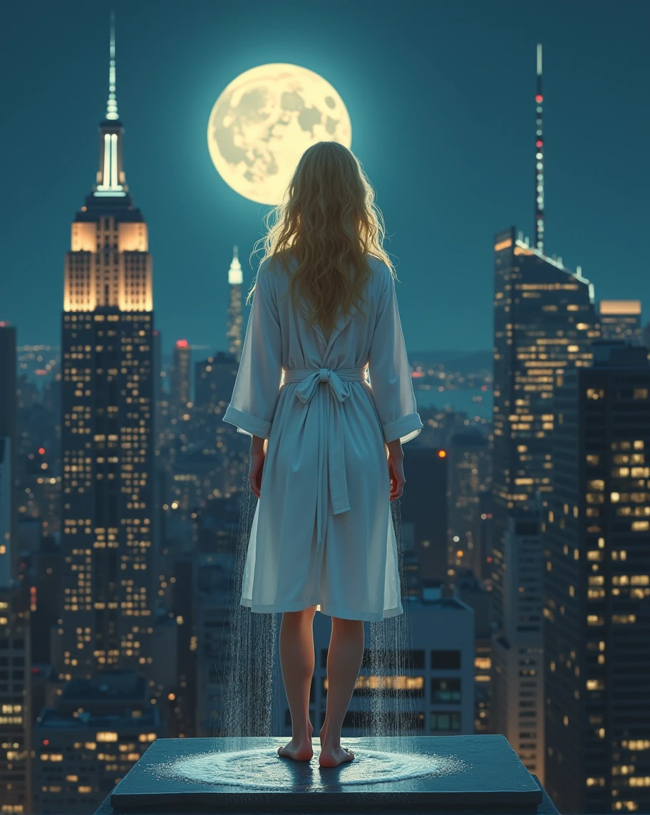 absurdness quality. natural lighting. hyper- realism. Fantastic illustration. Girl in white bathrobe, hair blonde, getting out of the shower, on top of a building with the city of New York, in the nighttime, with the full moon in the background.