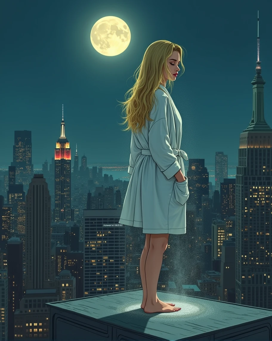 absurdness quality. natural lighting. hyper- realism. Fantastic illustration. Girl in white bathrobe, hair blonde, getting out of the shower, on top of a building with the city of New York, in the nighttime, with the full moon in the background.